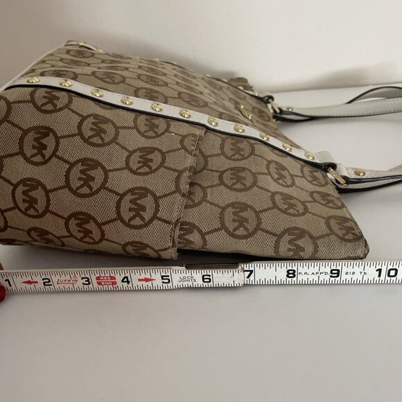 MICHAEL KORS Signature Canvas Tote Shoulder Bag Beige Leather Trim Studded - Picture 9 of 15